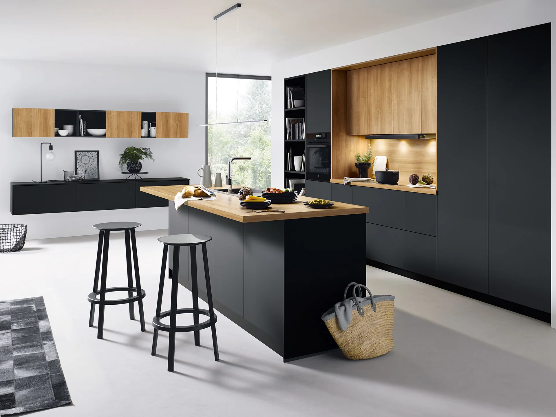 black modern kitchen with cooking island