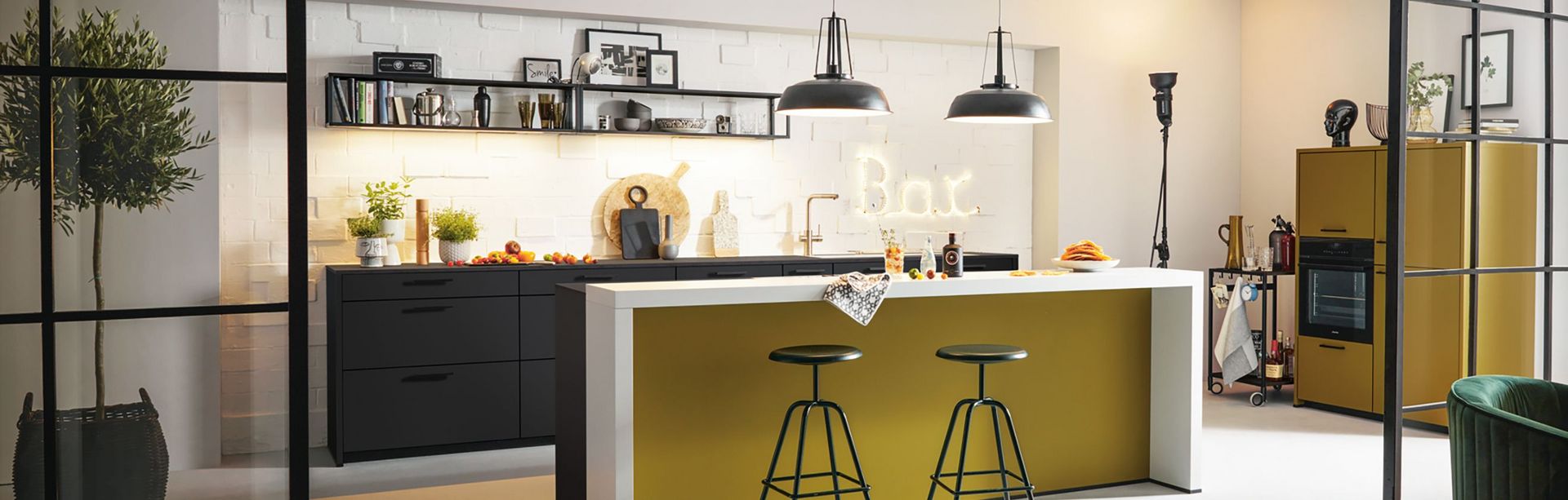 yellow kitchen island with bar