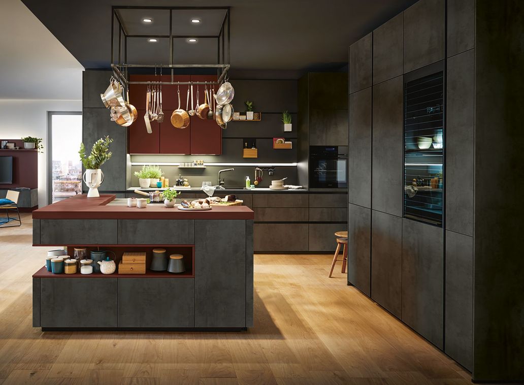 red cooking island and breakfast bar