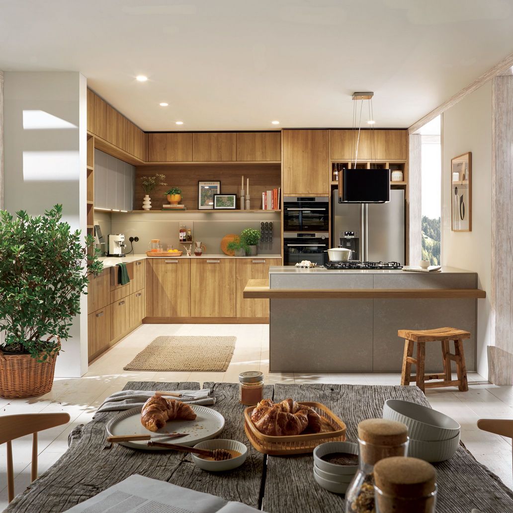 cozy oak kitchen and living room