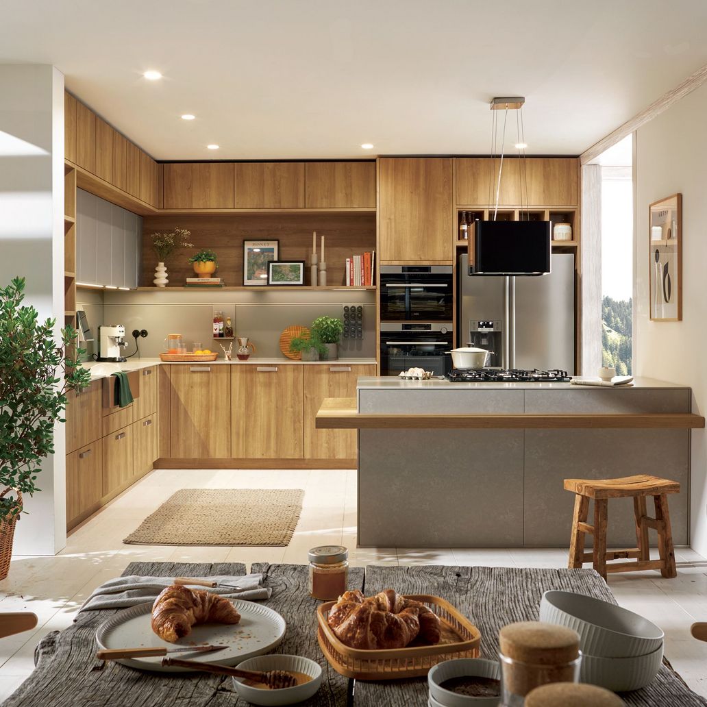 cozy oak kitchen and living room