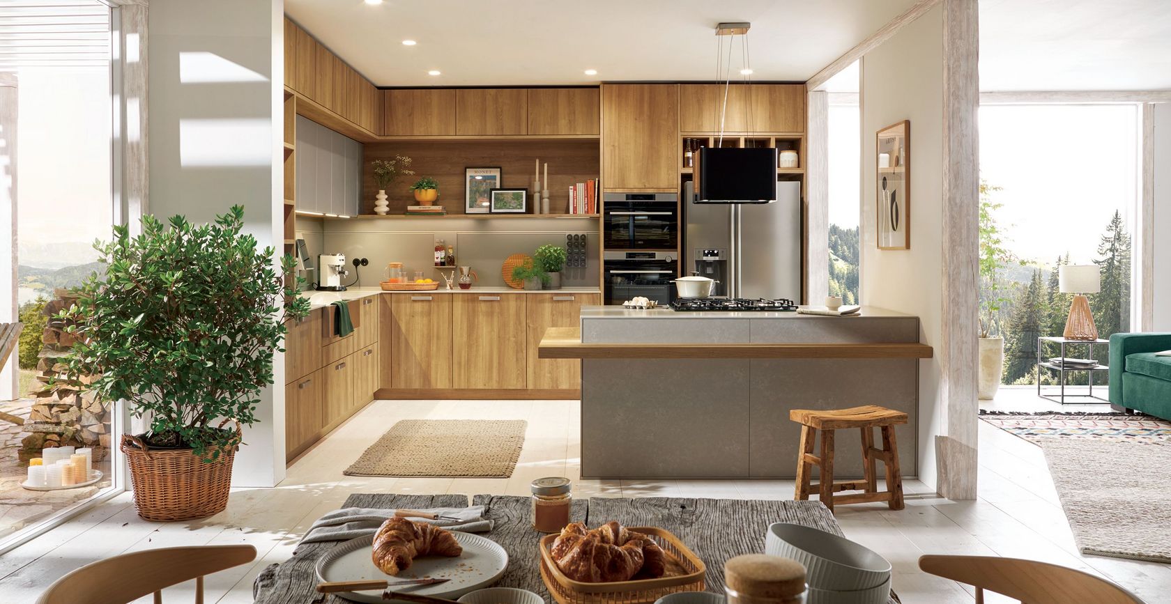 cozy oak kitchen and living room