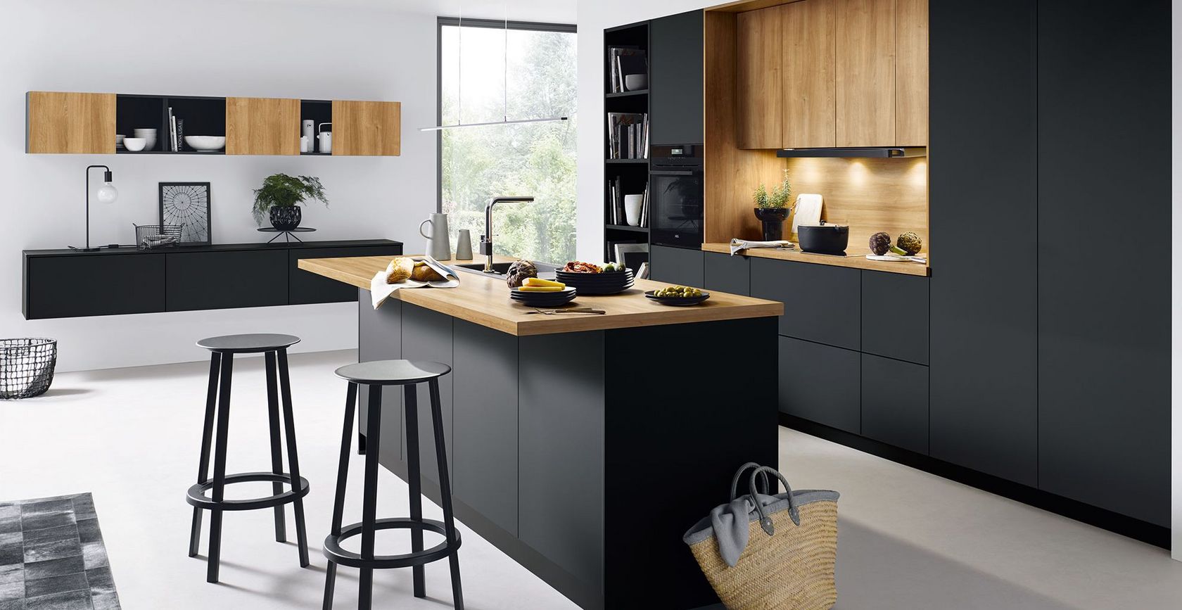 black modern kitchen with cooking island