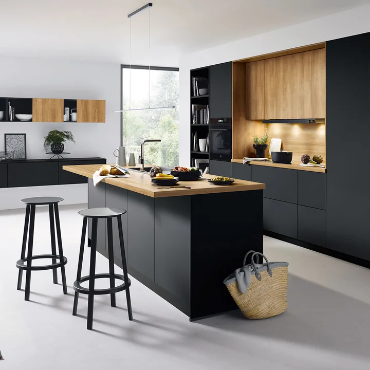 black modern kitchen with cooking island