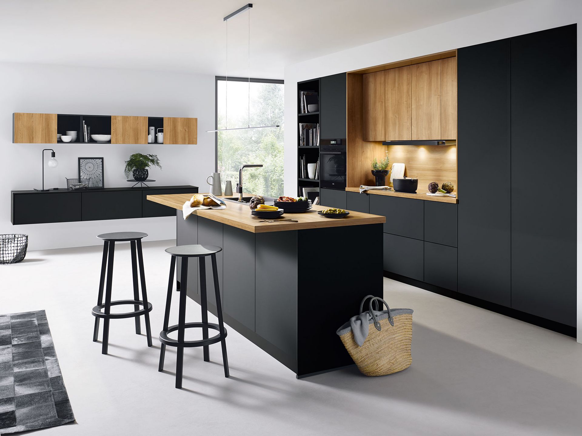 black modern kitchen with cooking island