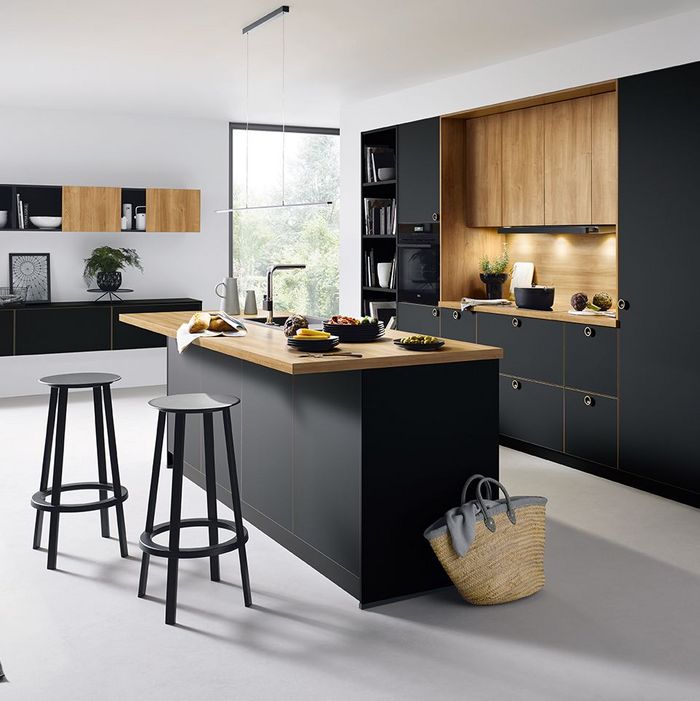 black modern kitchen with cooking island