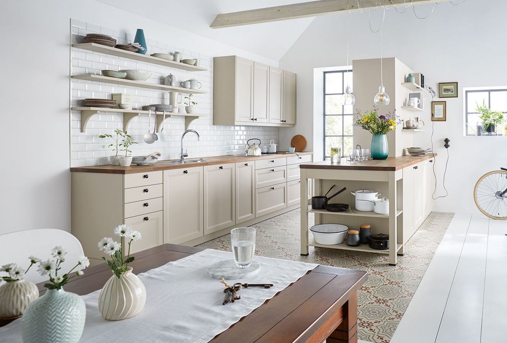 sand grey country style kitchen